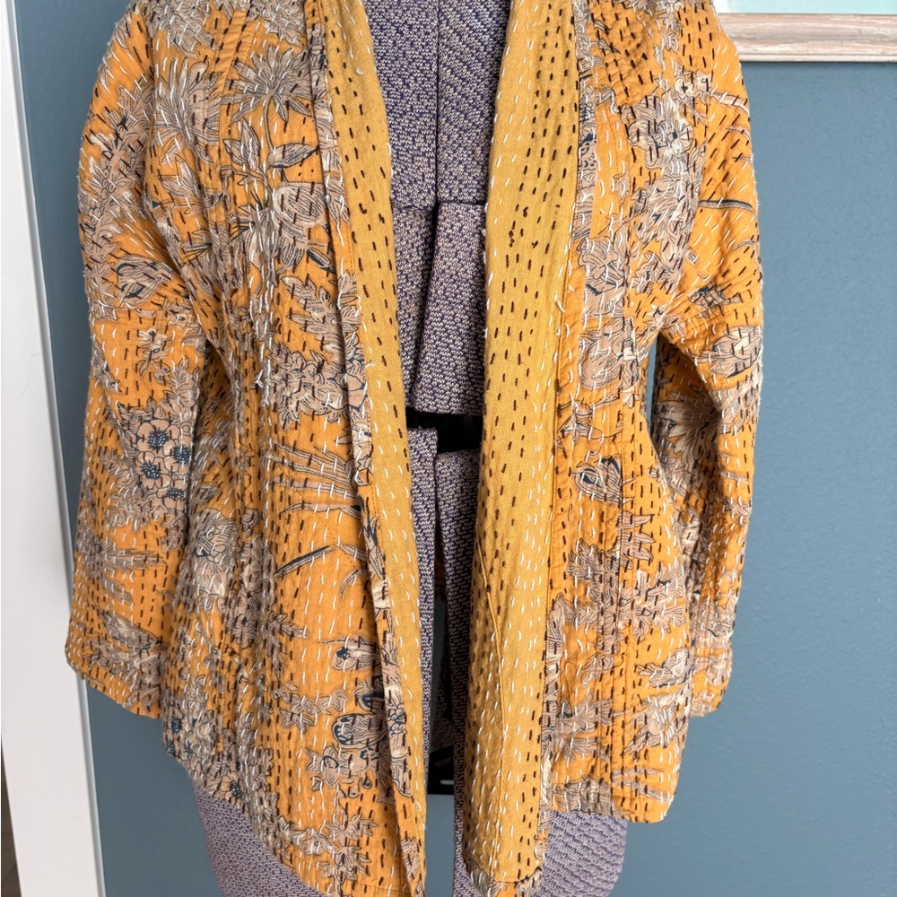 Hand-Stitched Mustard Floral Open Cardigan Sweater